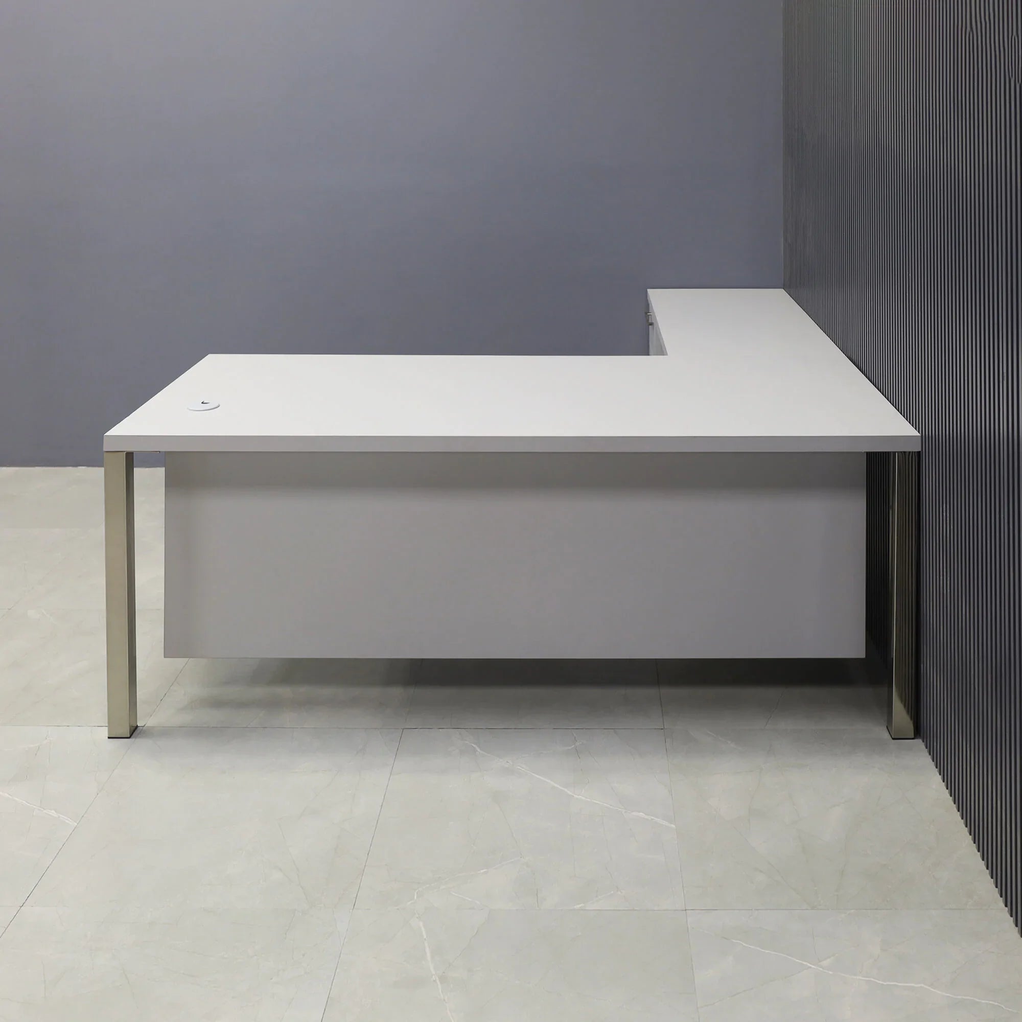 72-inch Dallas L-Shape Executive Desk with return & cabinet on left side when sitting, in folk stone gray matte laminate top, cabinet & privacy panel, and brushed aluminum legs, shown here.