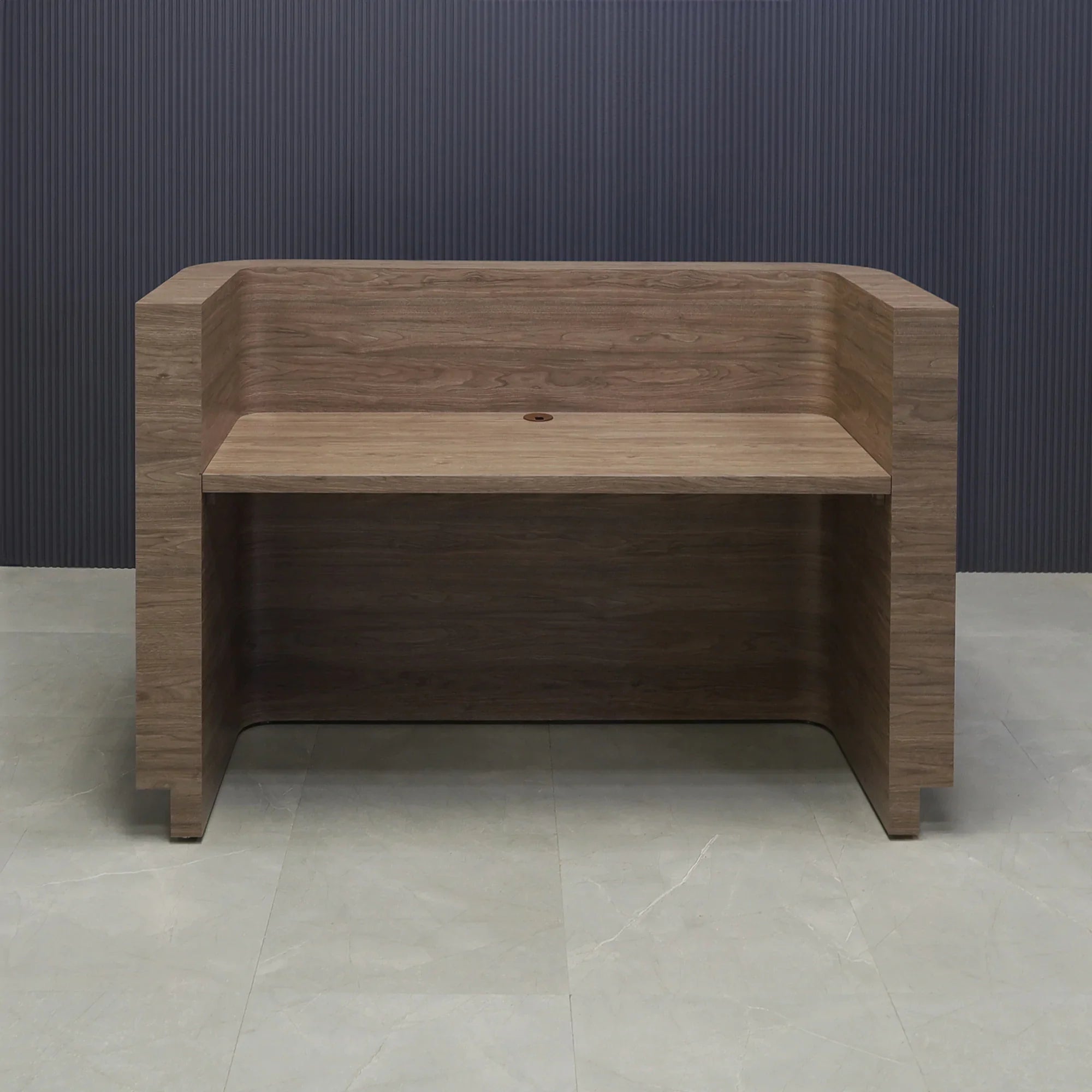 72-inch Nola Custom Reception Desk in hazel walnut matte laminate main desk and black traceless laminate toe-kick.