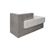 72-inch Atlanta Custom Reception Desk with the countertop & base on the left side when facing front covered in industrial concrete laminate, while the workspace and front panel are covered in white matte laminate.