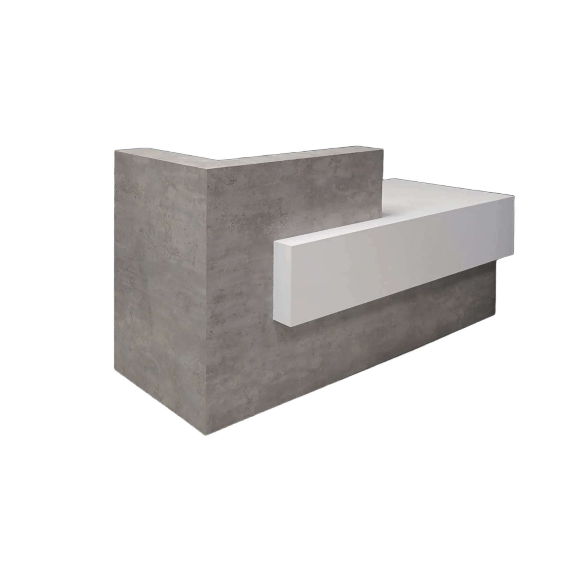 72-inch Atlanta Custom Reception Desk with the countertop & base on the left side when facing front covered in industrial concrete laminate, while the workspace and front panel are covered in white matte laminate.
