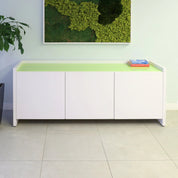 72-inch Aspen Storage Credenza in 1/2-inch lime tempered glass top, and white matte laminate credenza & doors.