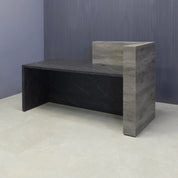 72-inch Atlanta Custom Reception Desk with the countertop & base on the left side when facing front covered in metropolitan concrete PVC, while the workspace and front panel are covered in black stone PVC.