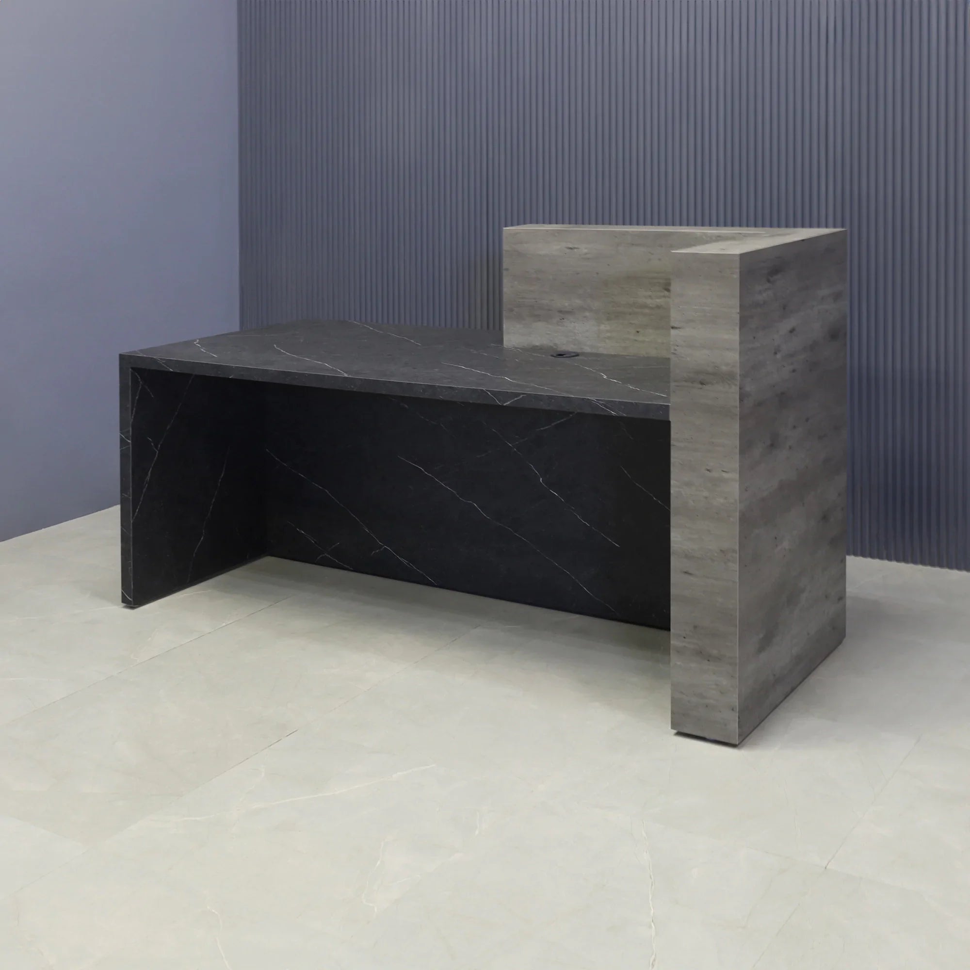 72-inch Atlanta Custom Reception Desk with the countertop & base on the left side when facing front covered in metropolitan concrete PVC, while the workspace and front panel are covered in black stone PVC.