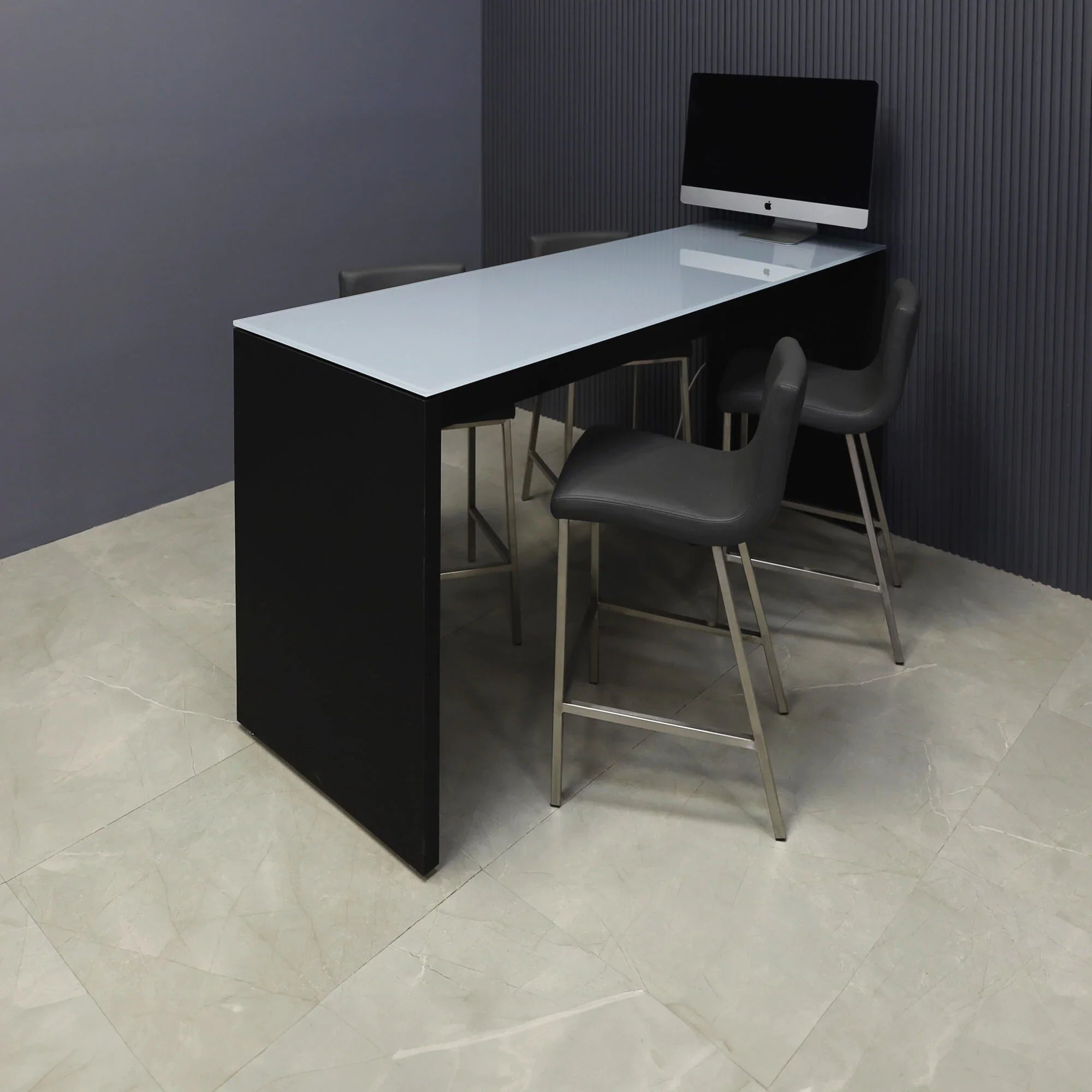 72-inch Ashville Bar Table in 1/2-inch gray tempered glass top and black traceless laminate base.