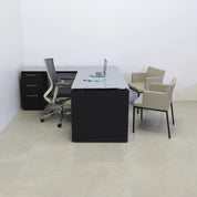 72-inch Denver L-Shape Executive Desk with return & cabinet on the left side when sitting, in 1/2" medium gray tempered glass top, black traceless laminate base, cabinet & privacy panel, shown here.