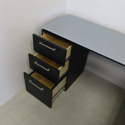 72-inch Denver L-Shape Executive Desk with return & cabinet on the left side when sitting, in 1/2" medium gray tempered glass top, black traceless laminate base, cabinet & privacy panel, shown here.