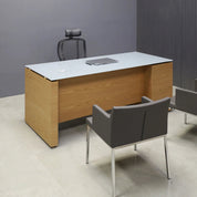 72-inch Denver Straight Executive Desk in 1/2-inch medium gray tempered glass top and white oak veneer base, cabinet & privacy panel.