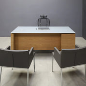 72-inch Denver Straight Executive Desk in 1/2-inch medium gray tempered glass top and white oak veneer base, cabinet & privacy panel.