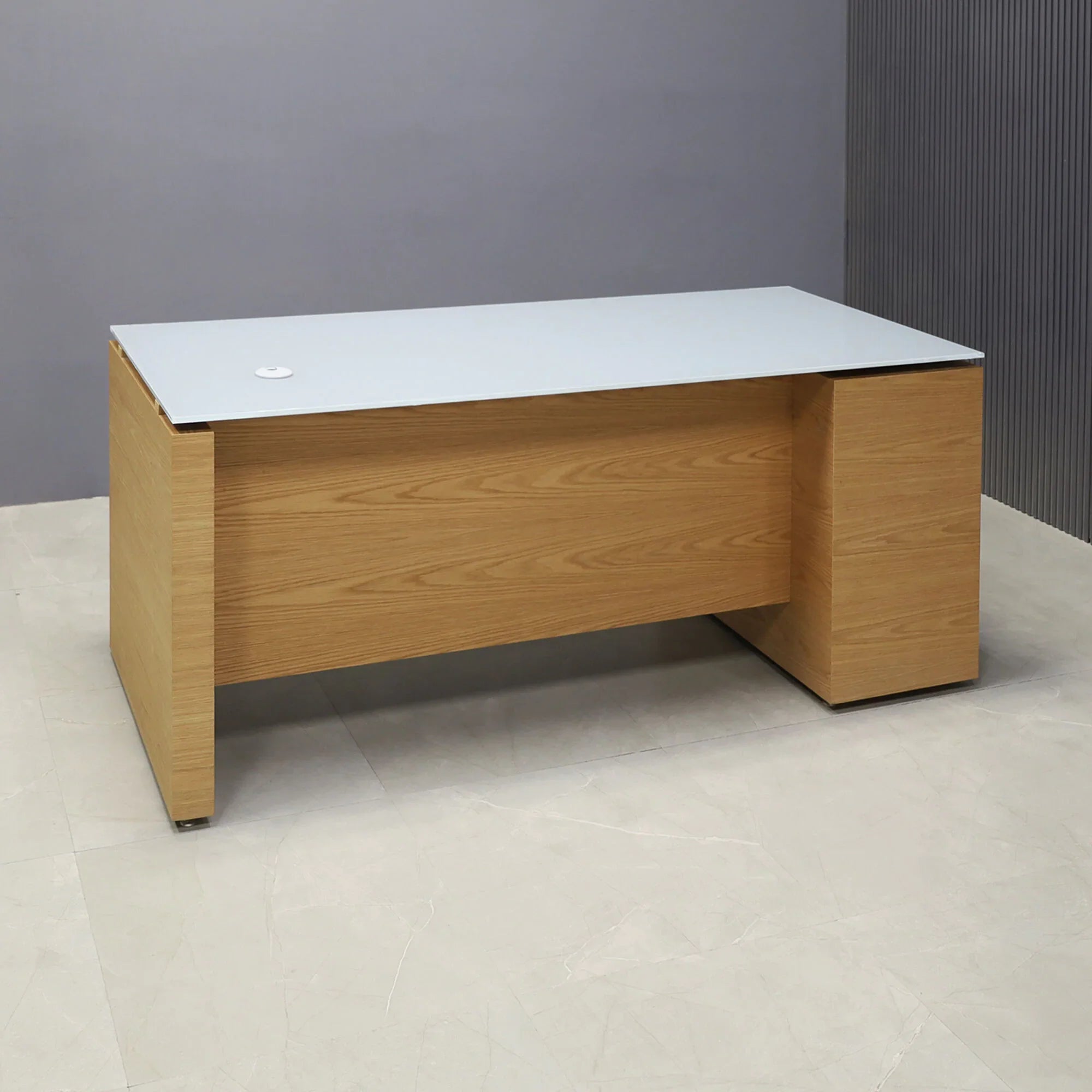 72-inch Denver Straight Executive Desk in 1/2-inch medium gray tempered glass top and white oak veneer base, cabinet & privacy panel.