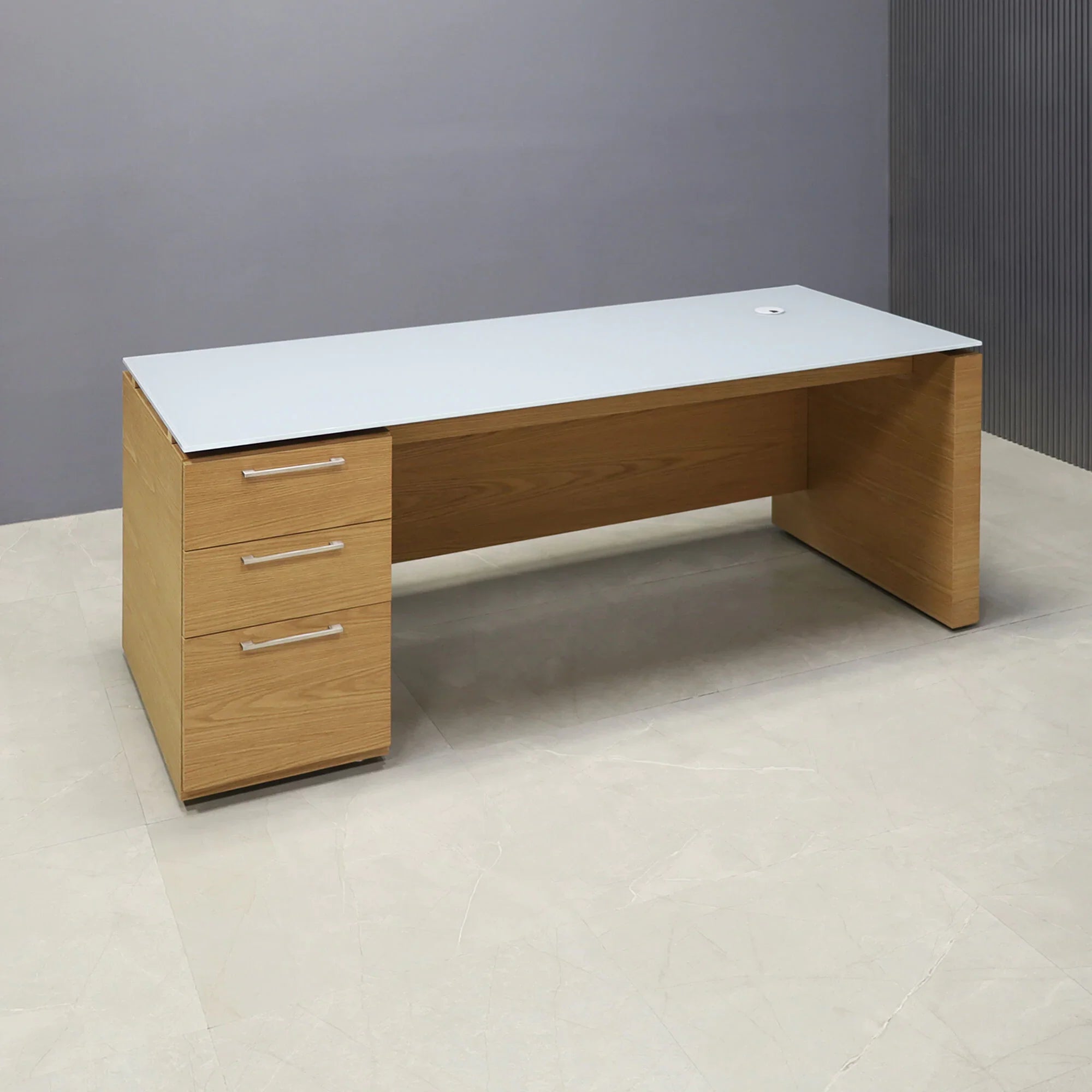 72-inch Denver Straight Executive Desk in 1/2-inch medium gray tempered glass top and white oak veneer base, cabinet & privacy panel.