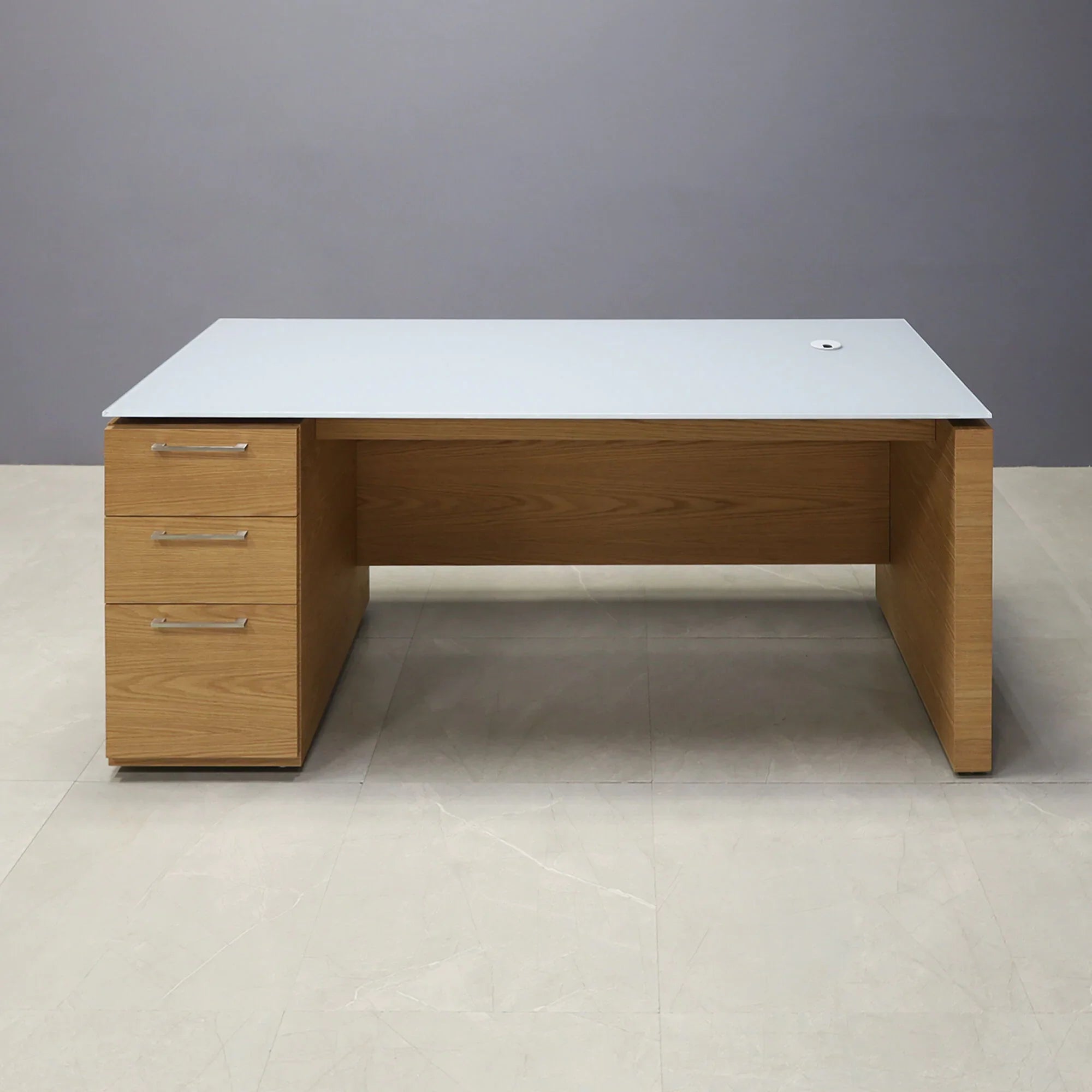72-inch Denver Straight Executive Desk in 1/2-inch medium gray tempered glass top and white oak veneer base, cabinet & privacy panel.