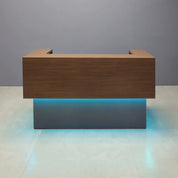 72-inch San Francisco U-Shape Custom Reception Desk with walnut heights matte laminate counter, and storm gray matte laminate desk.