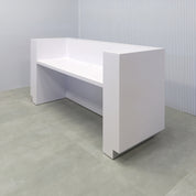 72-inch Manhattan U-Shape Reception Desk with white gloss laminate desk, pantone 021 organe gloss paint (Special) laminate accent panel, brushed aluminum toe-kick, and white LED.