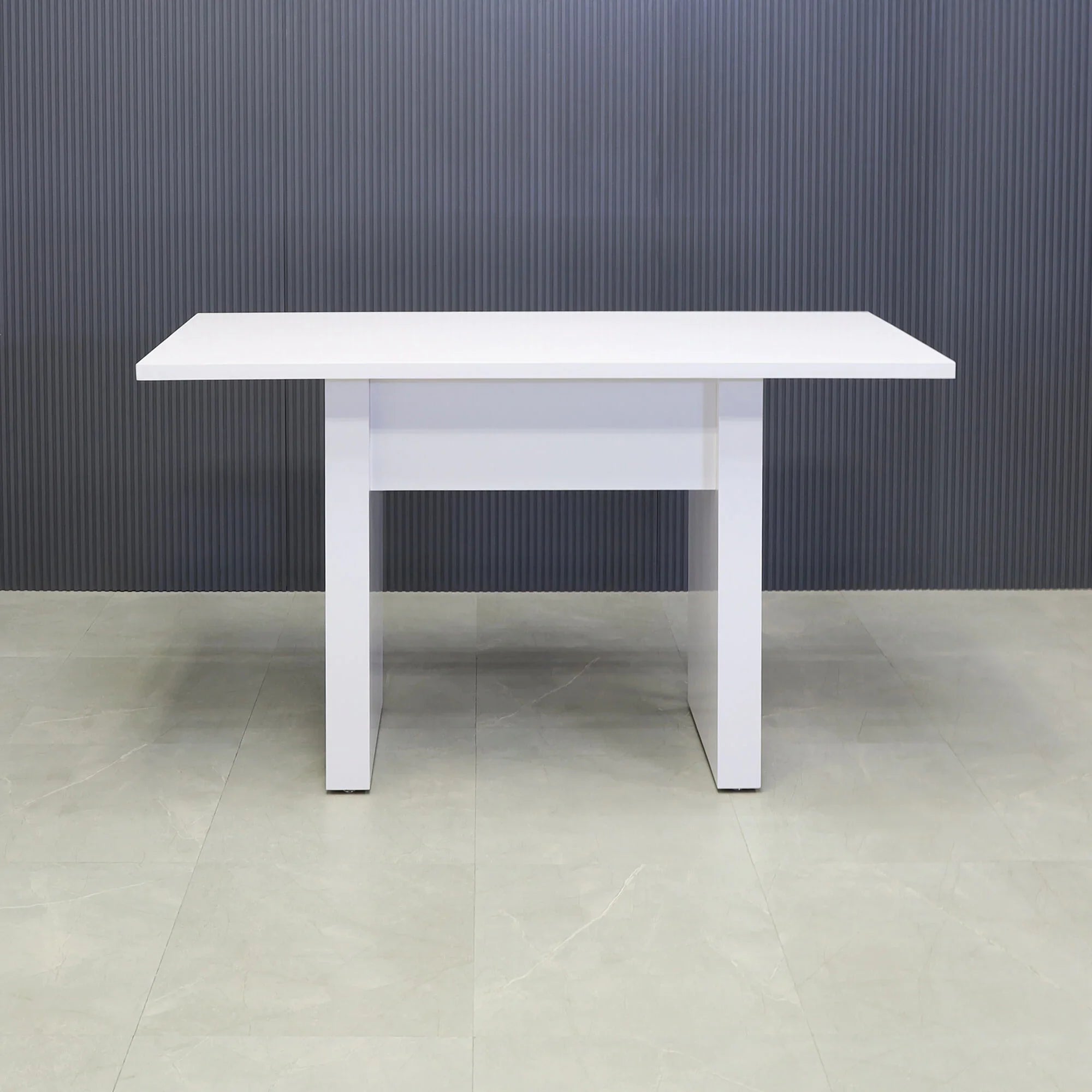 72-inch Windsor Bar Table in white gloss laminate top and base.