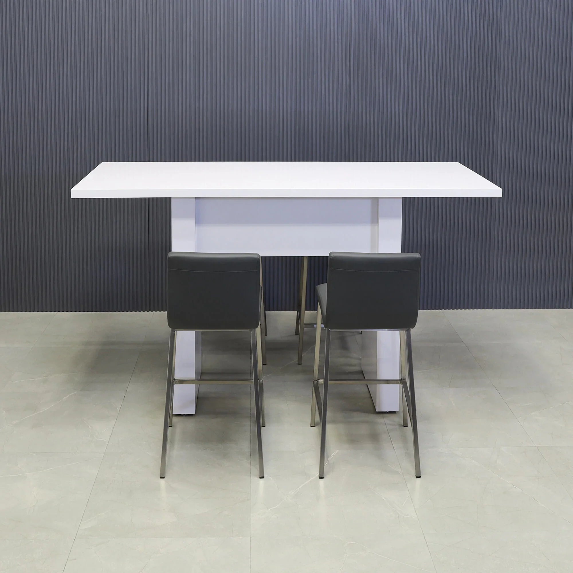 72-inch Windsor Bar Table in white gloss laminate top and base.