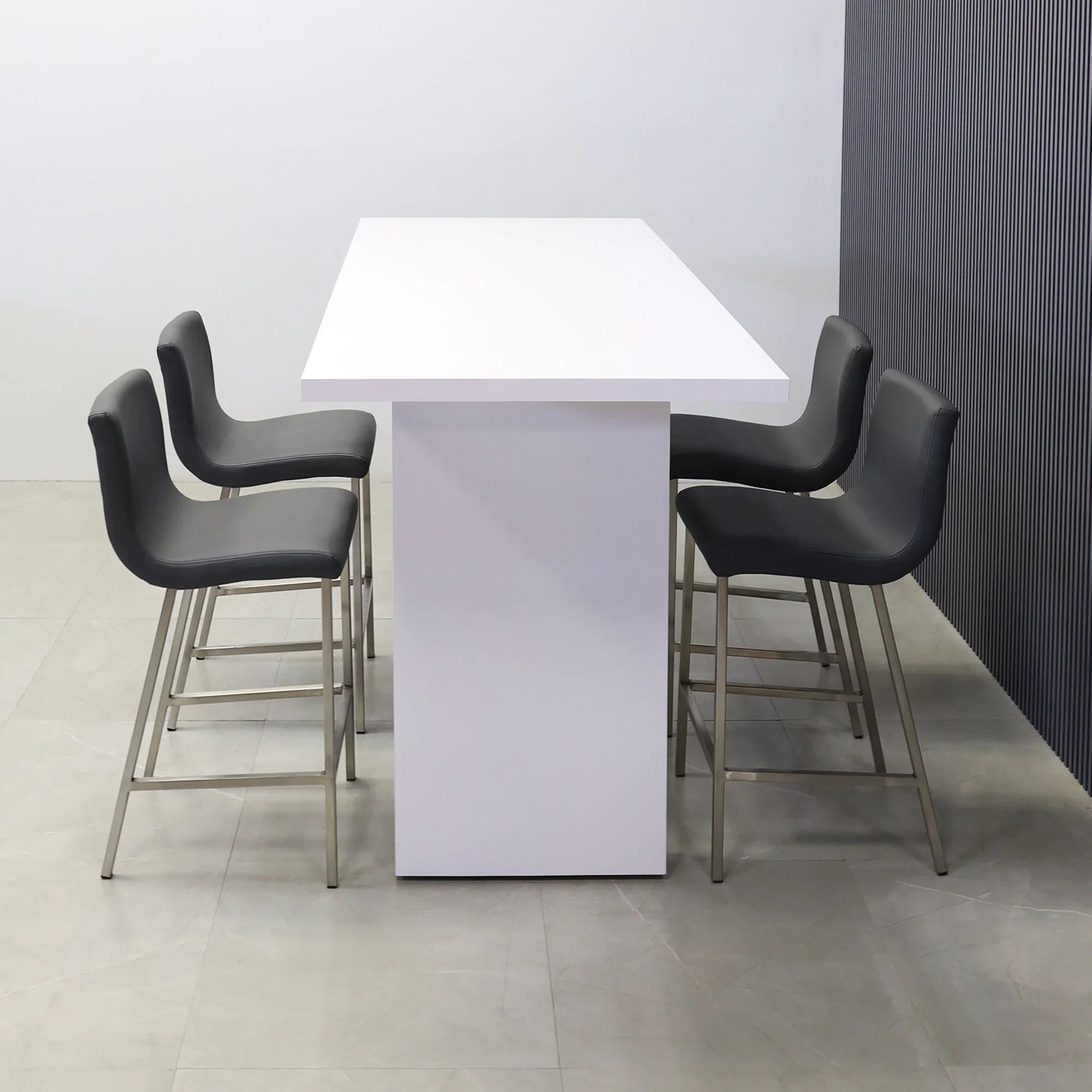 72-inch Windsor Bar Table in white gloss laminate top and base.