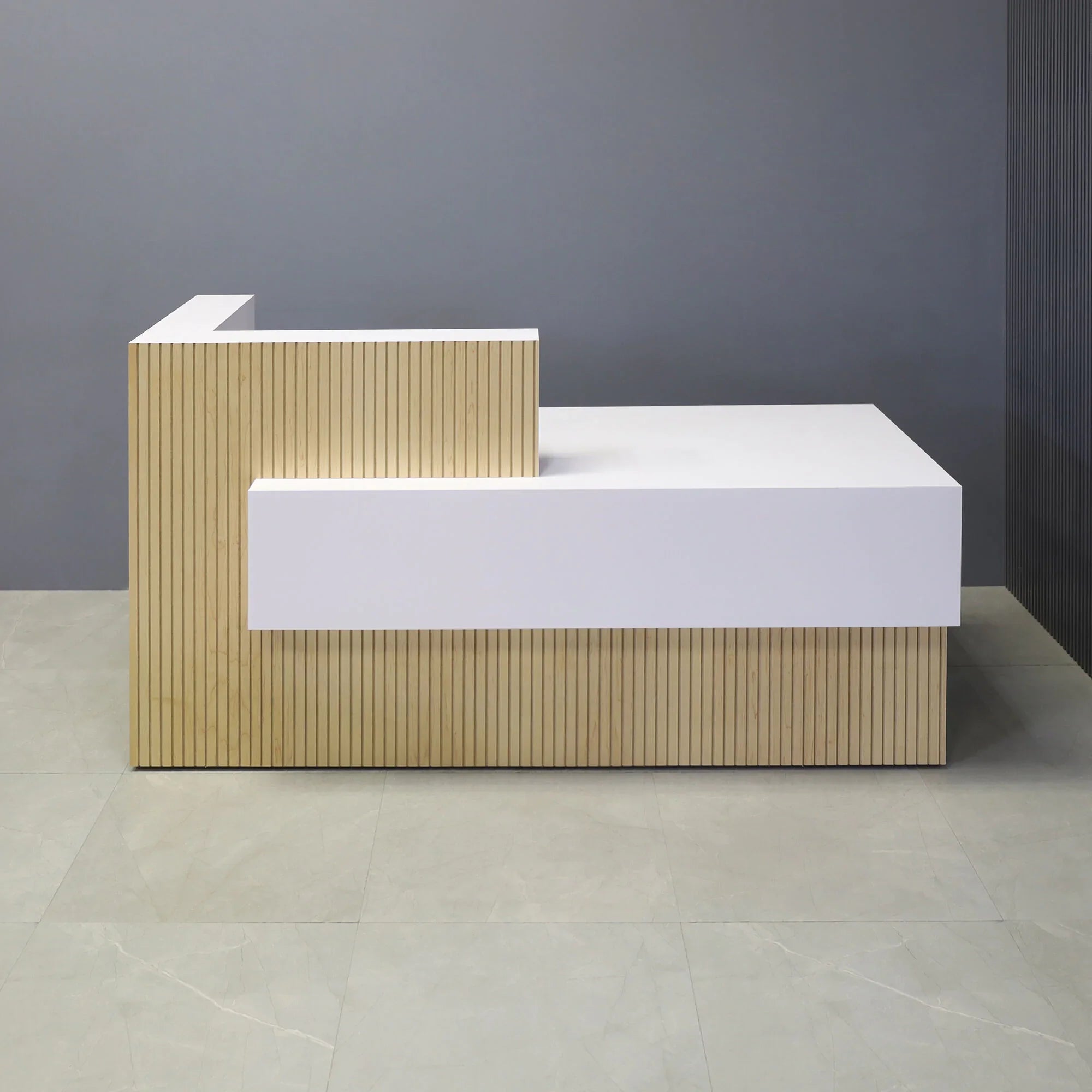 72-inch Atlanta Custom Reception Desk with the countertop & base on the left side when facing front covered in maple tambour, while the workspace and front panel are covered in white matte laminate.