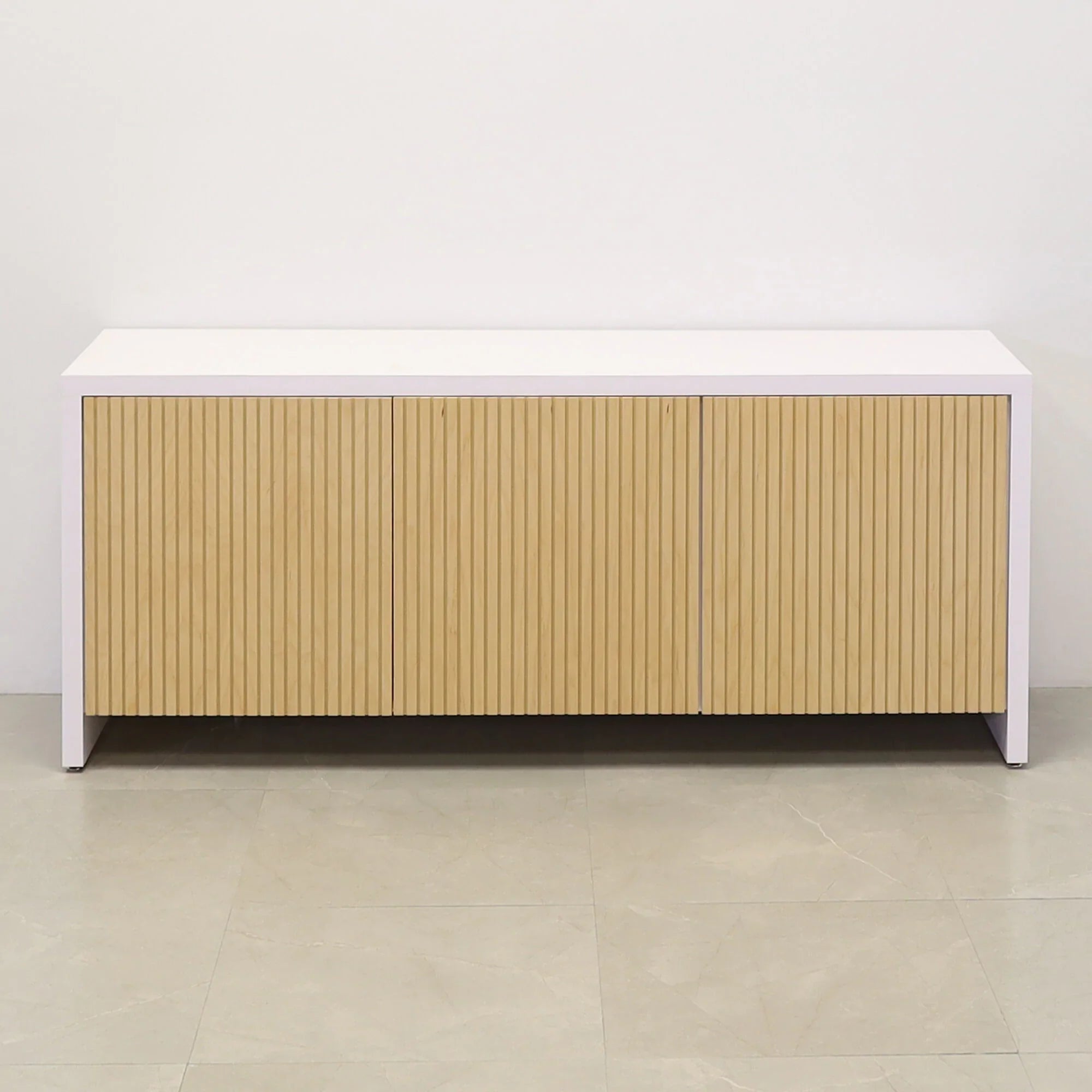 72-inch Boston Storage Credenza in white matte laminate credenza, and maple tambour doors.