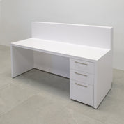 72-inch Dallas Straight Custom Reception Desk in white matte laminate main desk, and brushed aluminum toe-kick. Built-in storage on the right side when sitting.