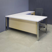 72-inch Dallas L-Shape Executive Desk with return & cabinet on right side when sitting, in white matte laminate top, mpale veneer cabinet & privacy panel and chromed legs, shown here.