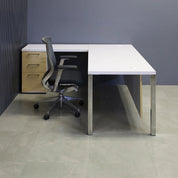 72-inch Dallas L-Shape Executive Desk W/ Cabinet in white matte laminate top and cabinet, maple veneer front drawers and privacy panel with chromed legs.