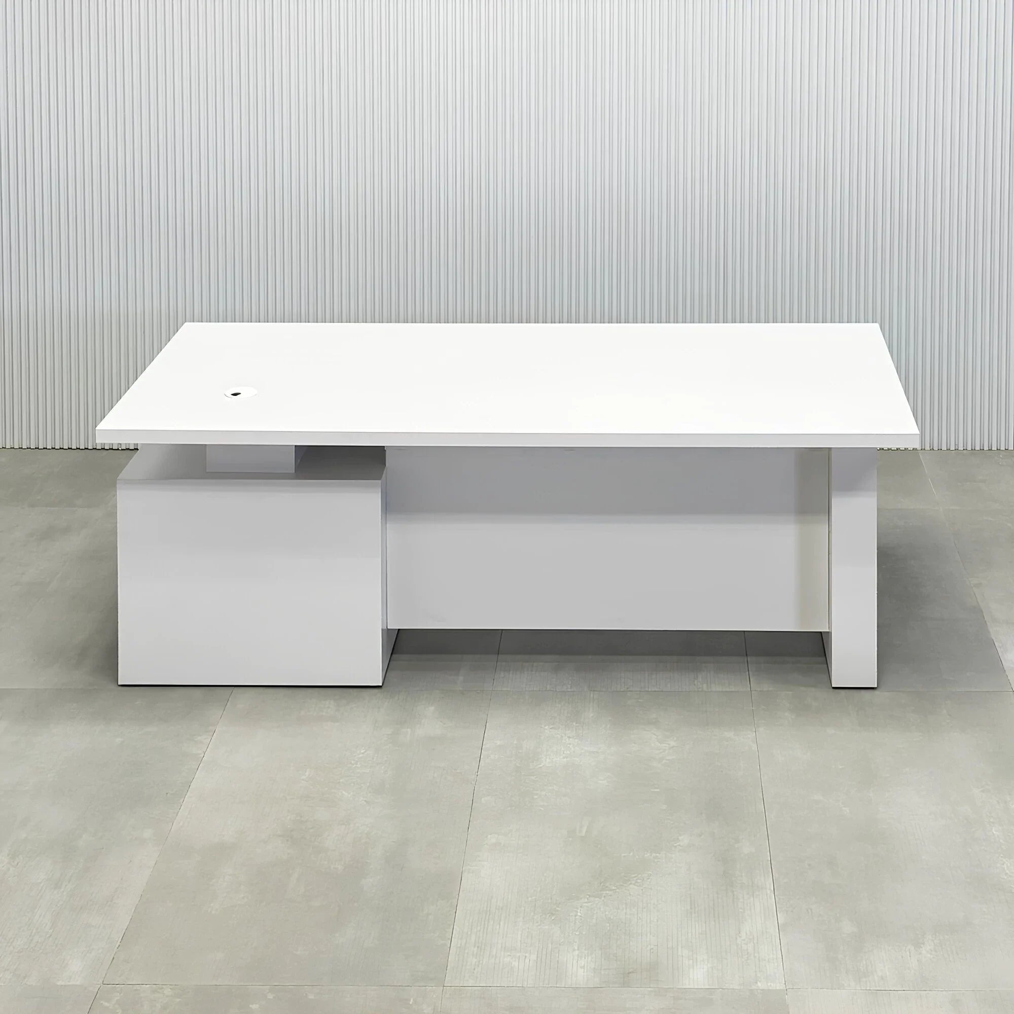 72-inch Avenue Straight Laminate Executive Desk with Sit-Stand Mechanism with white matte laminate top, white matte laminate base, white matte laminate privacy panel, and sit-stand mechanism.