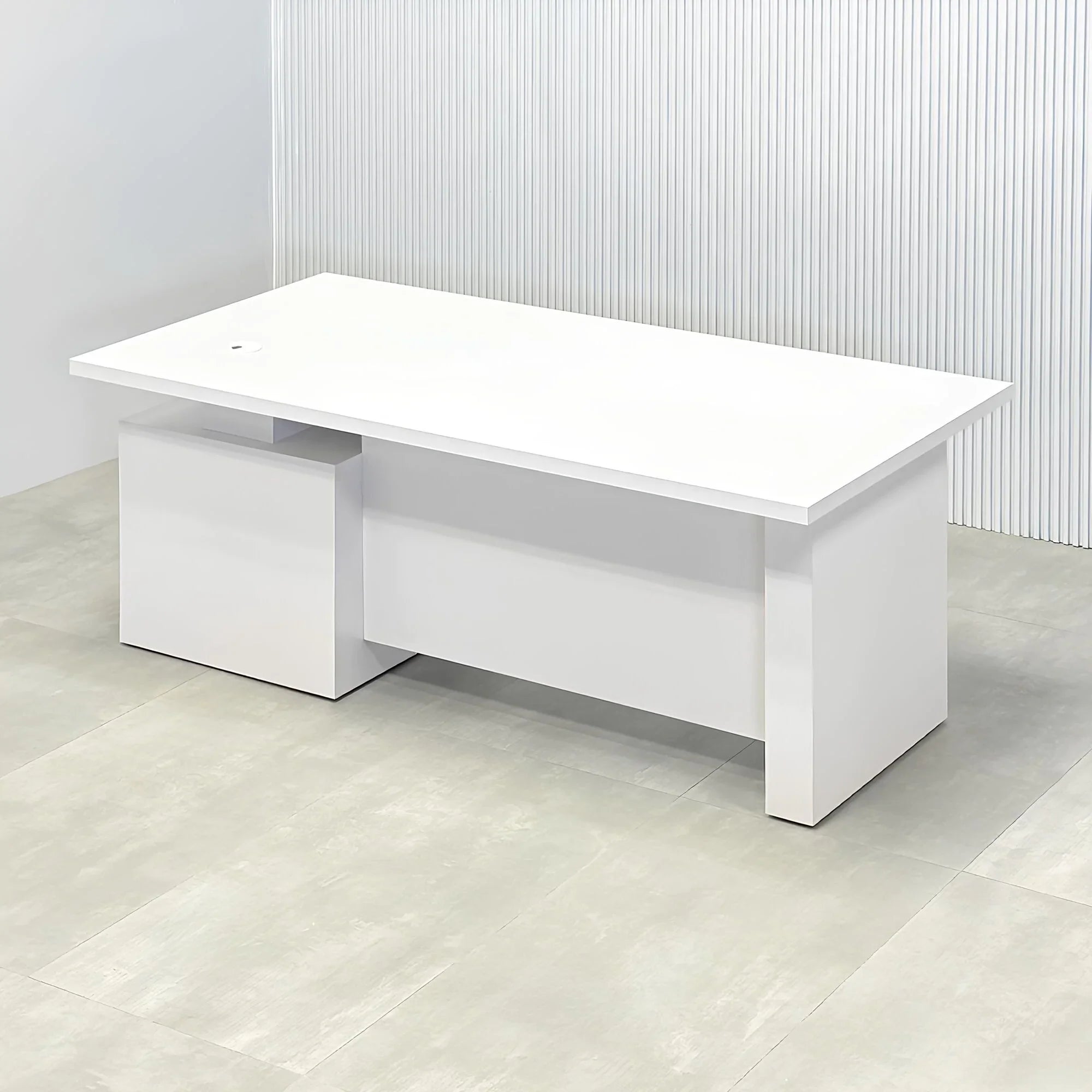 72-inch Avenue Straight Laminate Executive Desk with Sit-Stand Mechanism with white matte laminate top, white matte laminate base, white matte laminate privacy panel, and sit-stand mechanism.