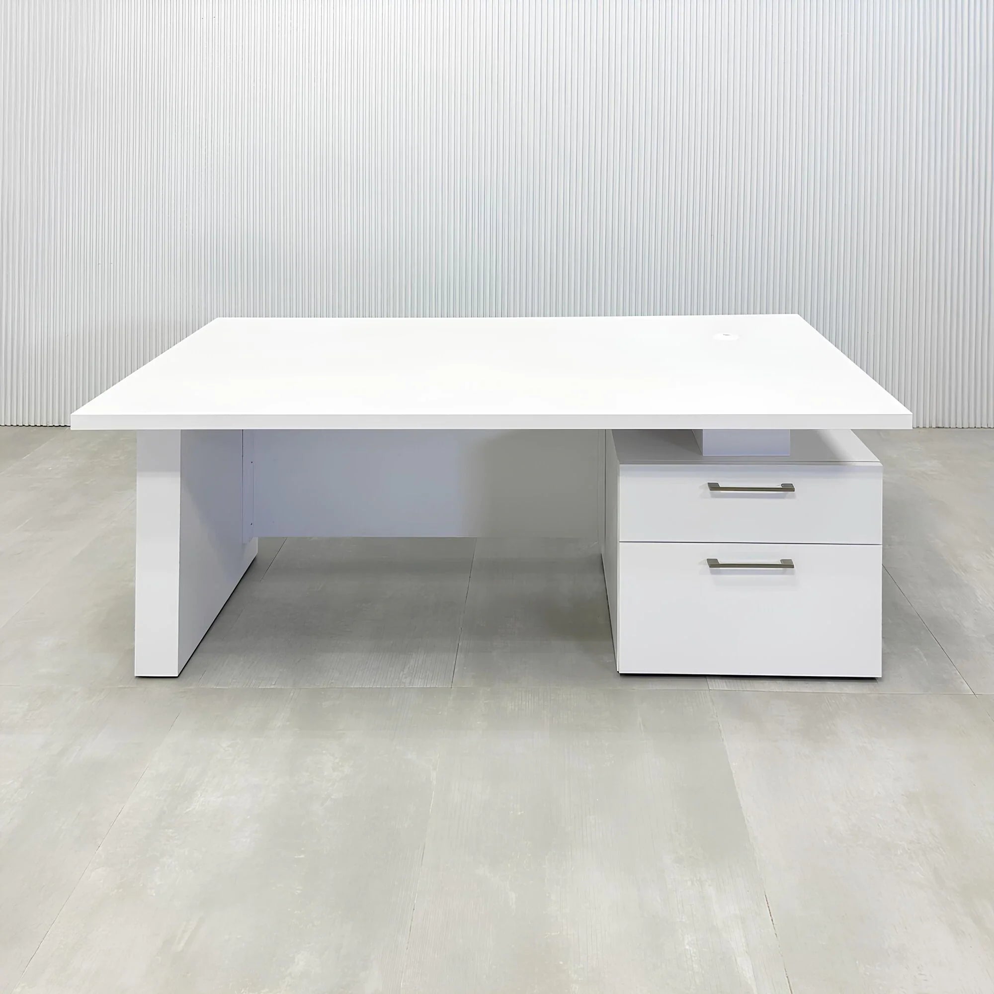 72-inch Avenue Straight Laminate Executive Desk with Sit-Stand Mechanism with white matte laminate top, white matte laminate base, white matte laminate privacy panel, and sit-stand mechanism.