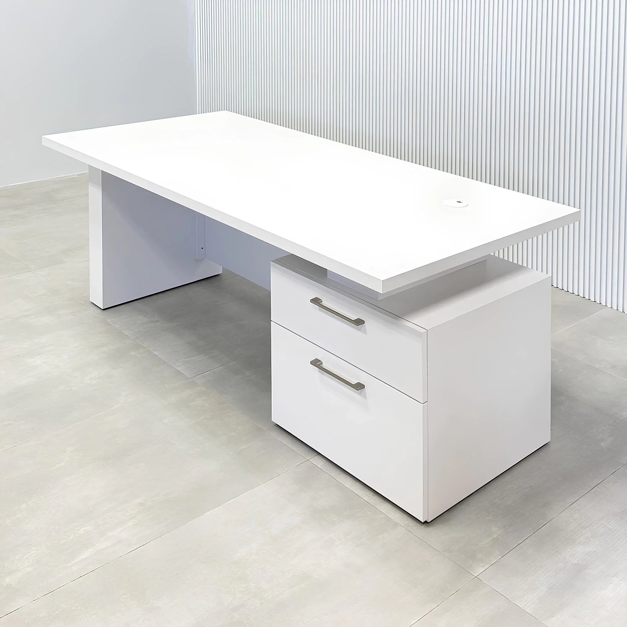 72-inch Avenue Straight Laminate Executive Desk with Sit-Stand Mechanism with white matte laminate top, white matte laminate base, white matte laminate privacy panel, and sit-stand mechanism.