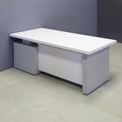 72-inch Avenue Straight Executive Desk in white matte laminate top and privacy panel, and light gray pvc base & storage on the right side when sitting.