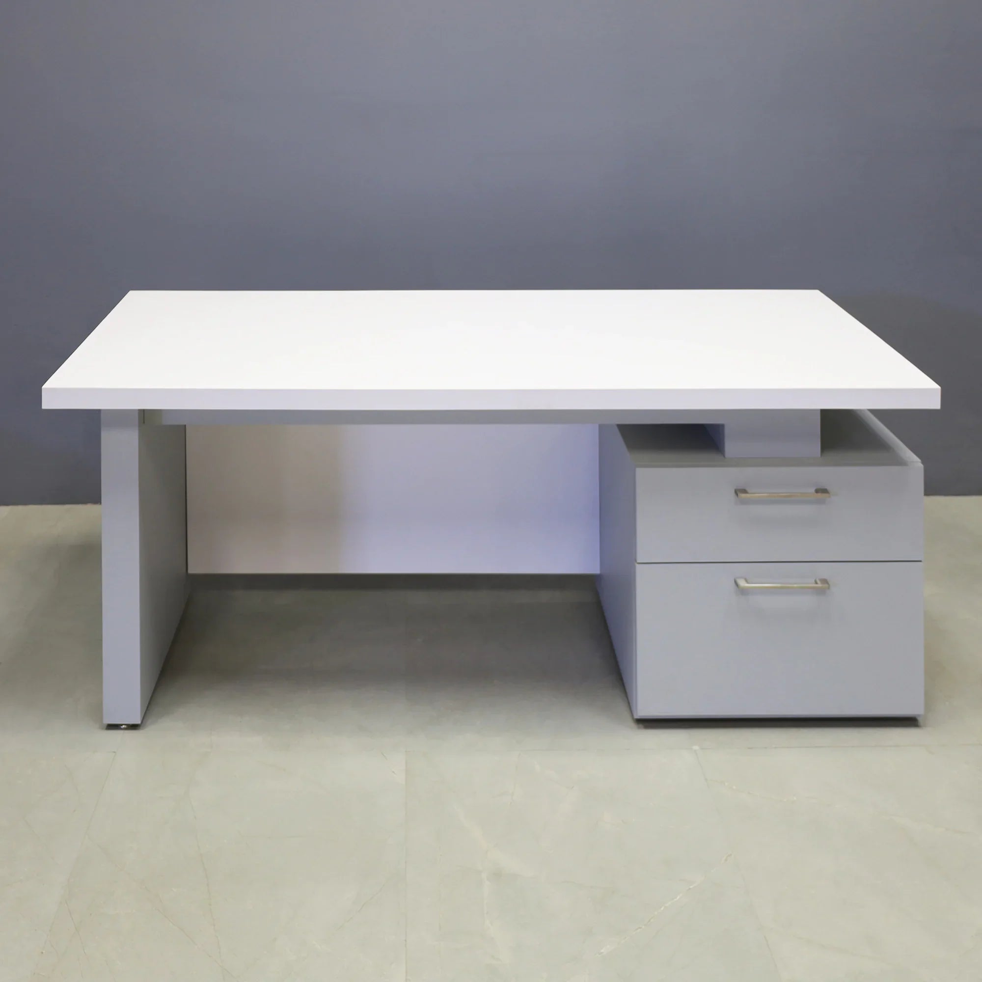 72-inch Avenue Straight Executive Desk in white matte laminate top and privacy panel, and light gray pvc base & storage on the right side when sitting.