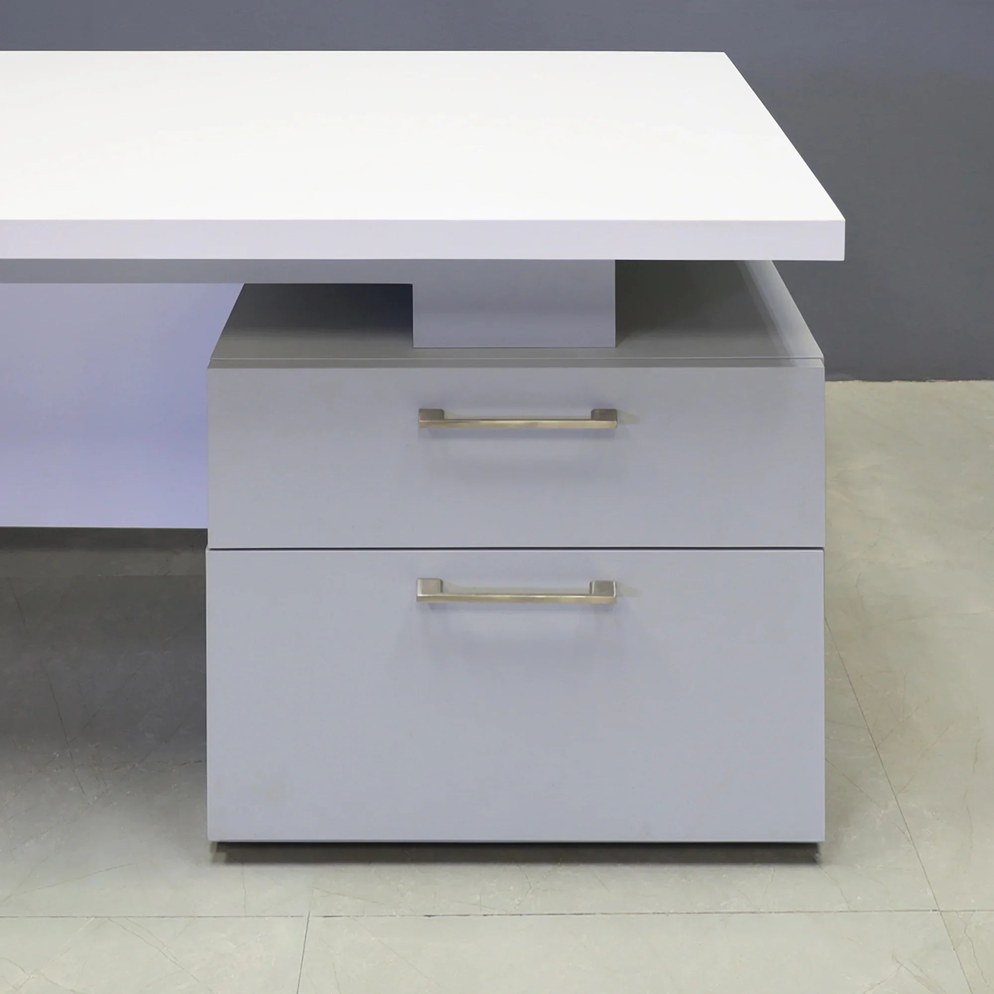 72-inch Avenue Straight Executive Desk in white matte laminate top and privacy panel, and light gray pvc base & storage on the right side when sitting.