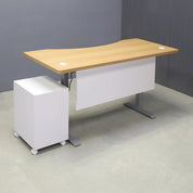 72-inch aXis Sit-stand Executive Desk with white oak veneer laminate top, white matte laminate privacy panel, and silver metal legs, shown here.