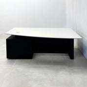 Avenue Straight Executive Desk with light gray traceless engineered surface top, black traceless laminate base & cabinet, and black traceless laminate privacy panel.