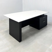 Avenue Straight Executive Desk with light gray traceless engineered surface top, black traceless laminate base & cabinet, and black traceless laminate privacy panel.