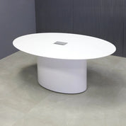72-inch Aurora Oval Conference Table in 1/2-inch white solid engineered surface top, white gloss laminate base, and silver MX3 power box.