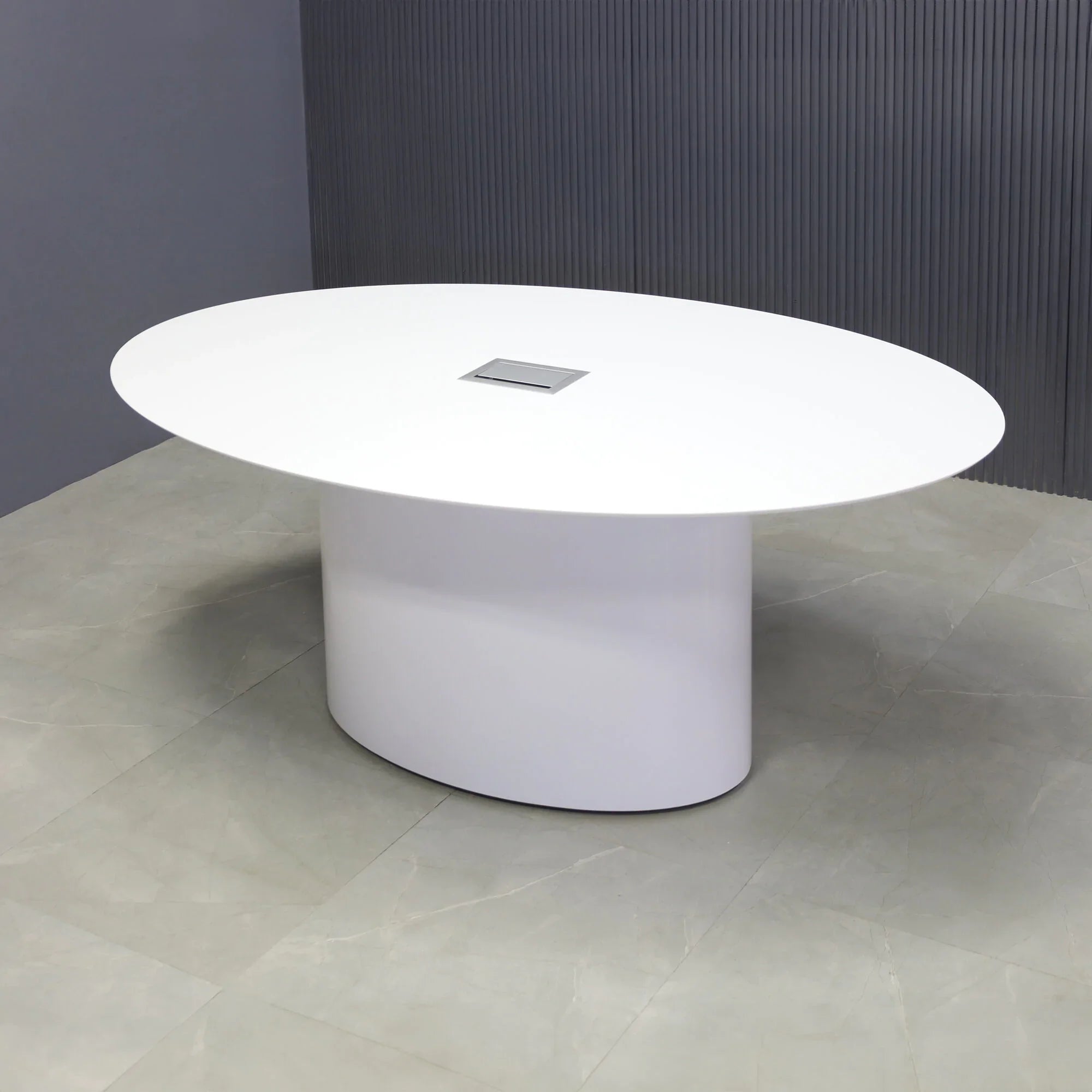72-inch Aurora Oval Conference Table in 1/2-inch white solid engineered surface top, white gloss laminate base, and silver MX3 power box.