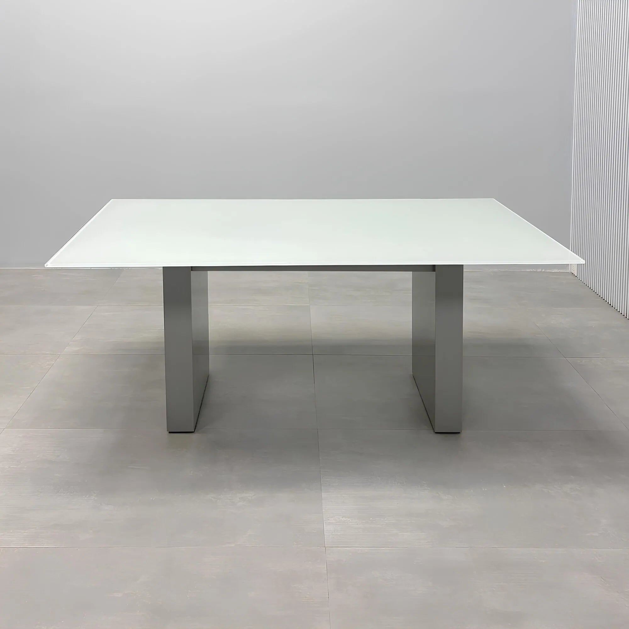 72_Omaha Rectangular Conference Table with white glass tempered glass top and light gray gloss laminate base.