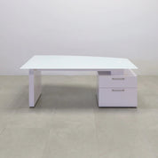72-inch Avenue Curved Executive Desk in 1/2" white tempered glass top and white gloss laminate base & cabinet on the right side when sitting, shown here.