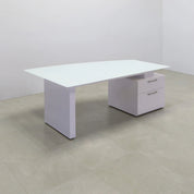 72-inch Avenue Curved Executive Desk in 1/2" white tempered glass top and white gloss laminate base & cabinet on the right side when sitting, shown here.