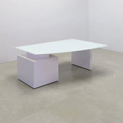 72-inch Avenue Curved Executive Desk in 1/2" white tempered glass top and white gloss laminate base & cabinet on the right side when sitting, shown here.