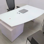 72-inch Avenue Curved Executive Desk in 1/2" white tempered glass top and white gloss laminate base & cabinet on the right side when sitting, shown here.