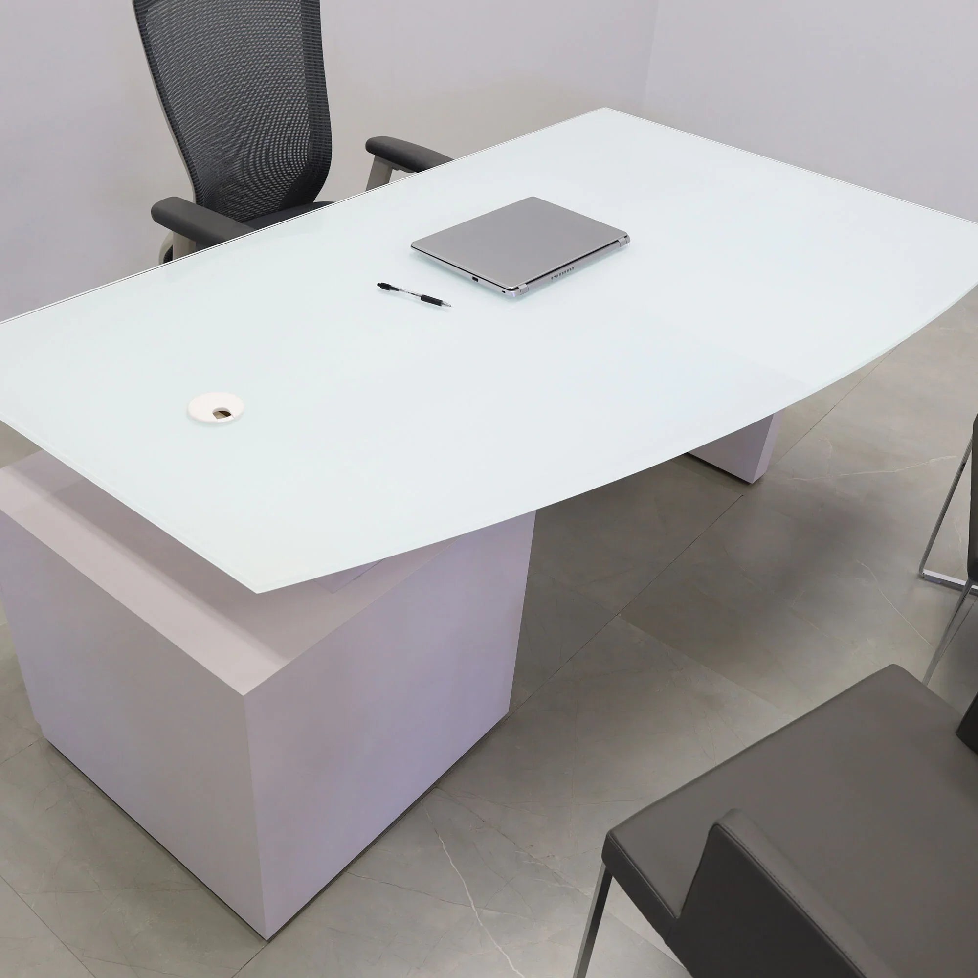 72-inch Avenue Curved Executive Desk in 1/2" white tempered glass top and white gloss laminate base & cabinet on the right side when sitting, shown here.