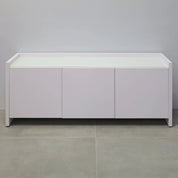 72-inch Aspen Storage Credenza in 1/2-inch white tempered glass top, and white gloss laminate credenza & doors.