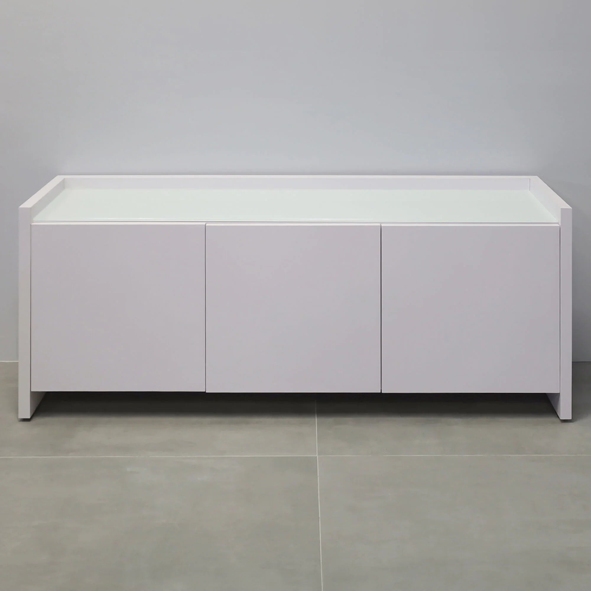 72-inch Aspen Storage Credenza in 1/2-inch white tempered glass top, and white gloss laminate credenza & doors.