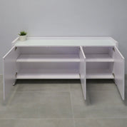 72-inch Aspen Storage Credenza in 1/2-inch white tempered glass top, and white gloss laminate credenza & doors.