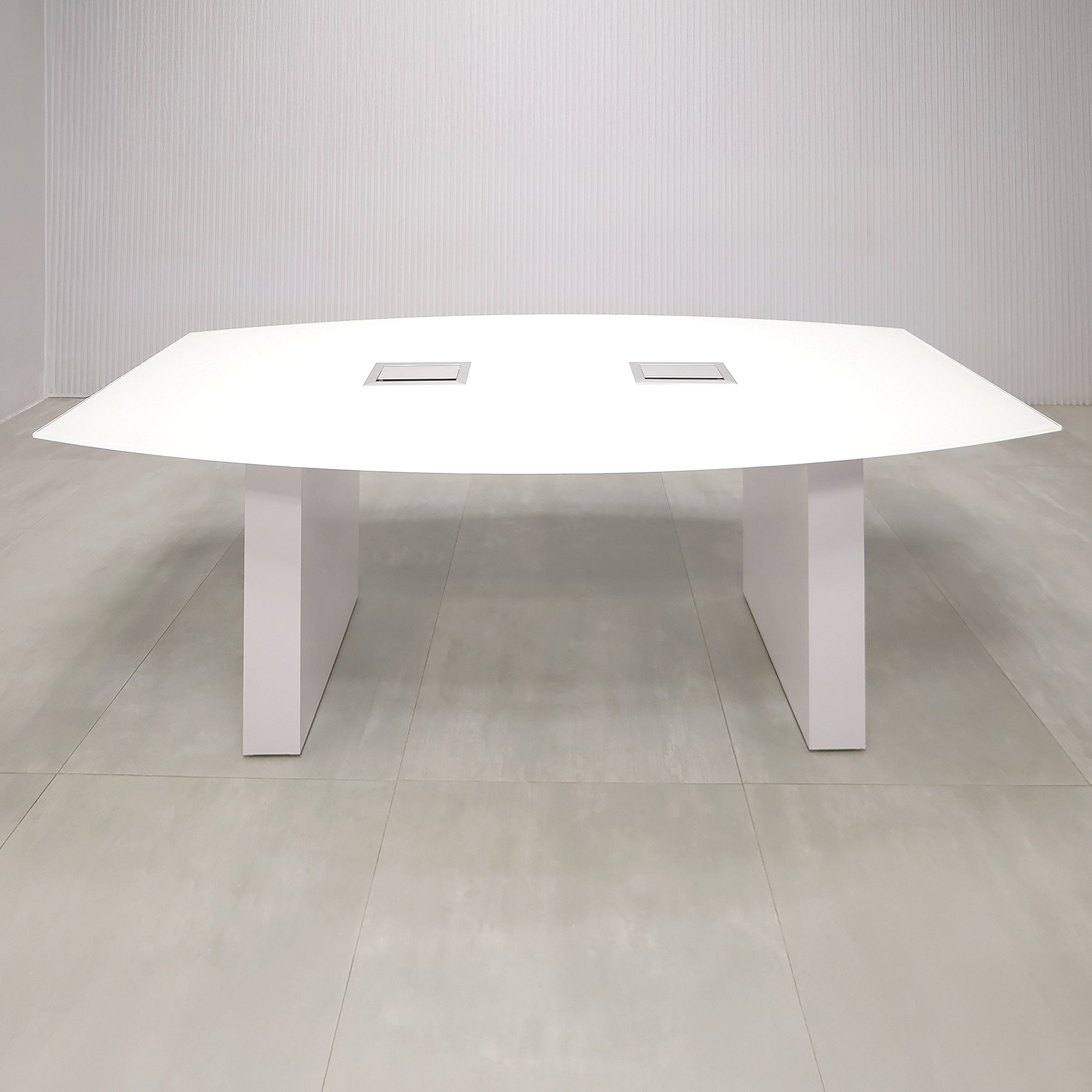 72-inch Omaha Boat Shape Conference Table and X1 base with White Tempered Glass top, White Gloss laminate base, and two Mx3 in Silver.