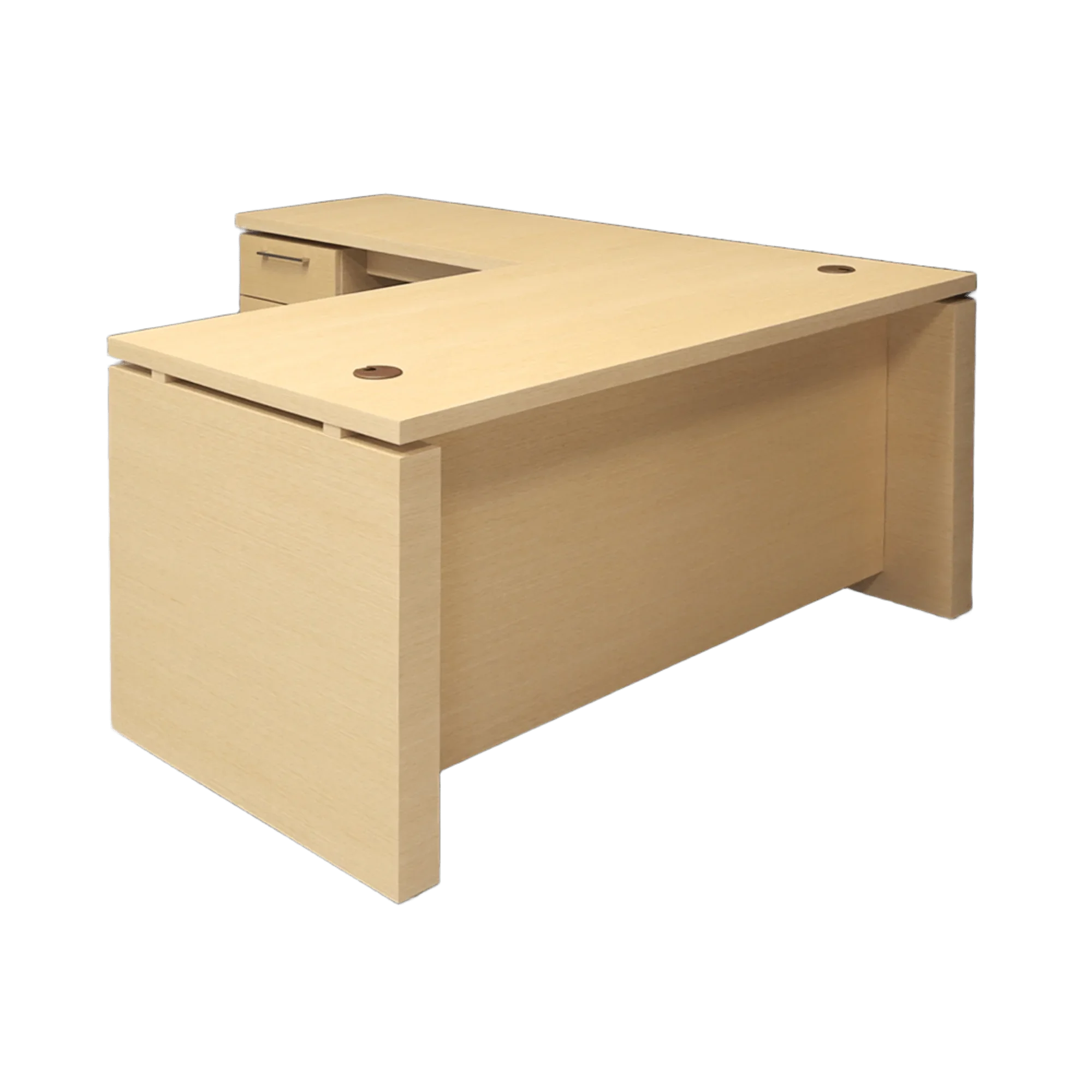 72-inch Denver L-Shape Executive Desk with cabinet & return on the left side when sitting, in maple veneer top, base, cabinet & privacy panel, shown here.