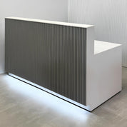 72-inch Dallas Straight Custom Reception Desk in white solid engineered surface top, fog gray matte tambour front, white matte laminate workspace, brushed aluminum toe-kick.