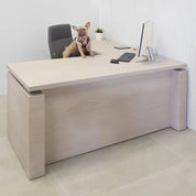 72-inch Denver L-Shape Executive Desk with Sit-stand mechanism, gray oak PVC matte laminate top, gray oak PVC matte laminate storage & privacy panel.
